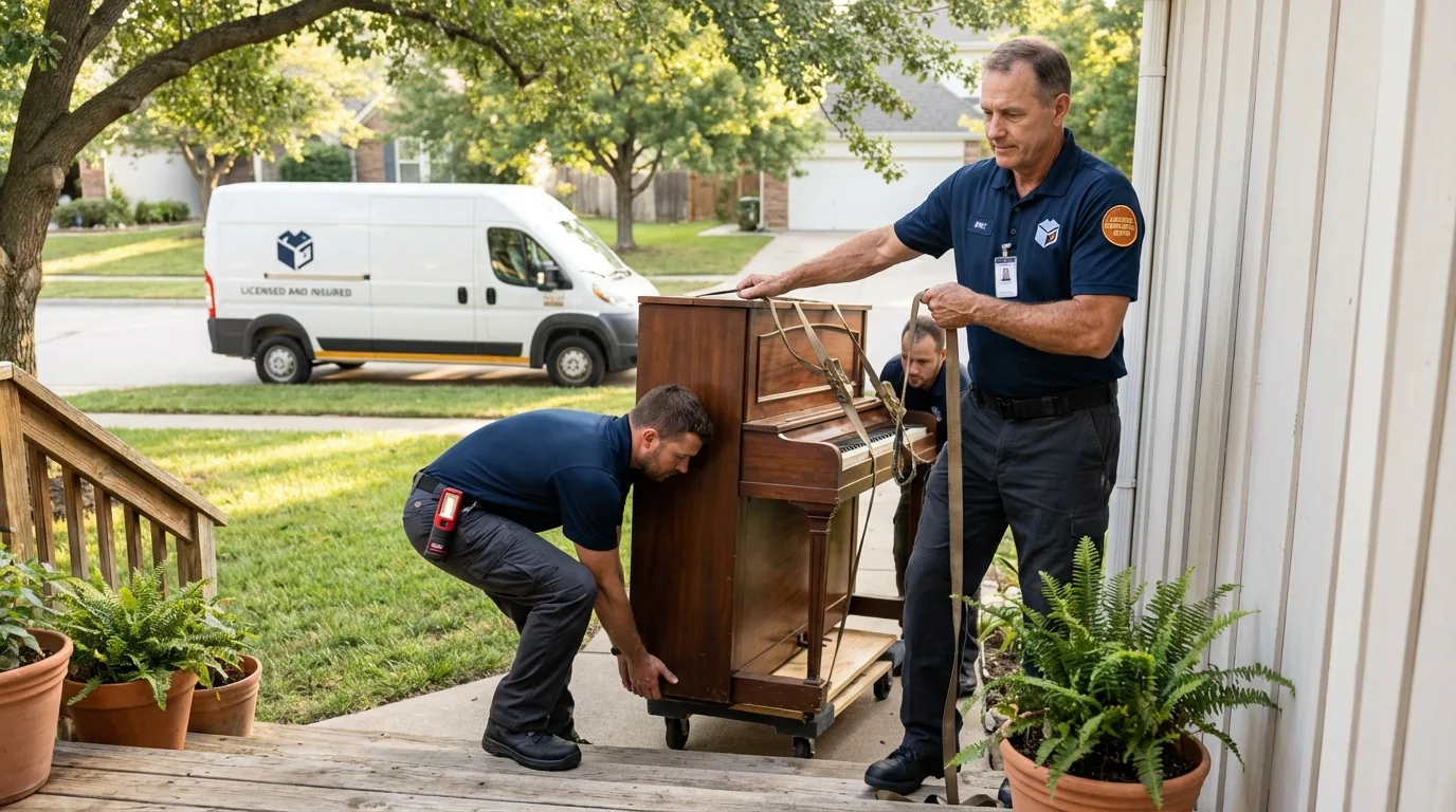 Licensed piano movers securing grand piano in Sutherland, NE