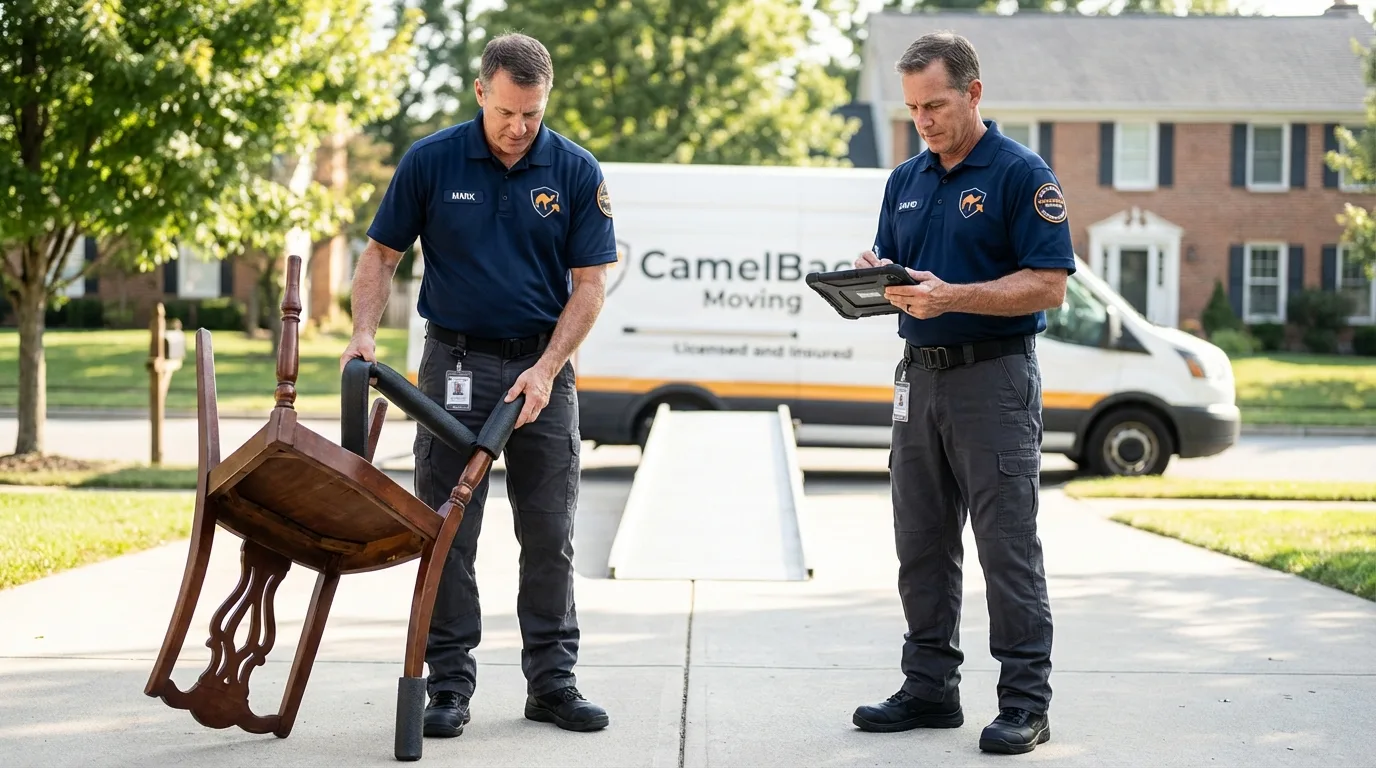 Movers inspecting furniture for damage prevention before loading in Sutherland, NE